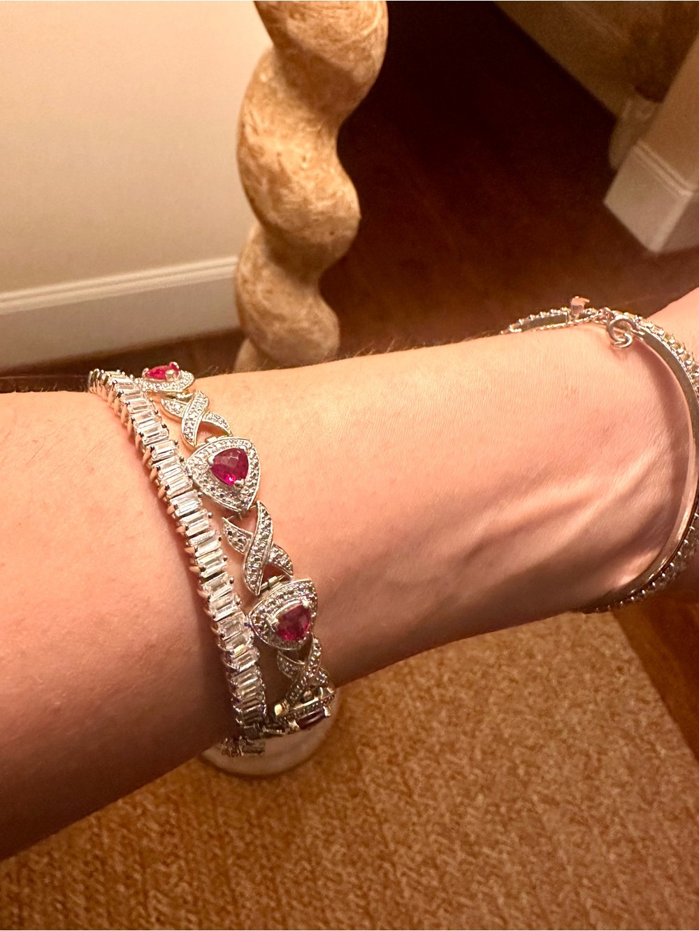 925 Sterling Silver Ruby & Diamond Accent Bracelet – Trillion Cut – 8”